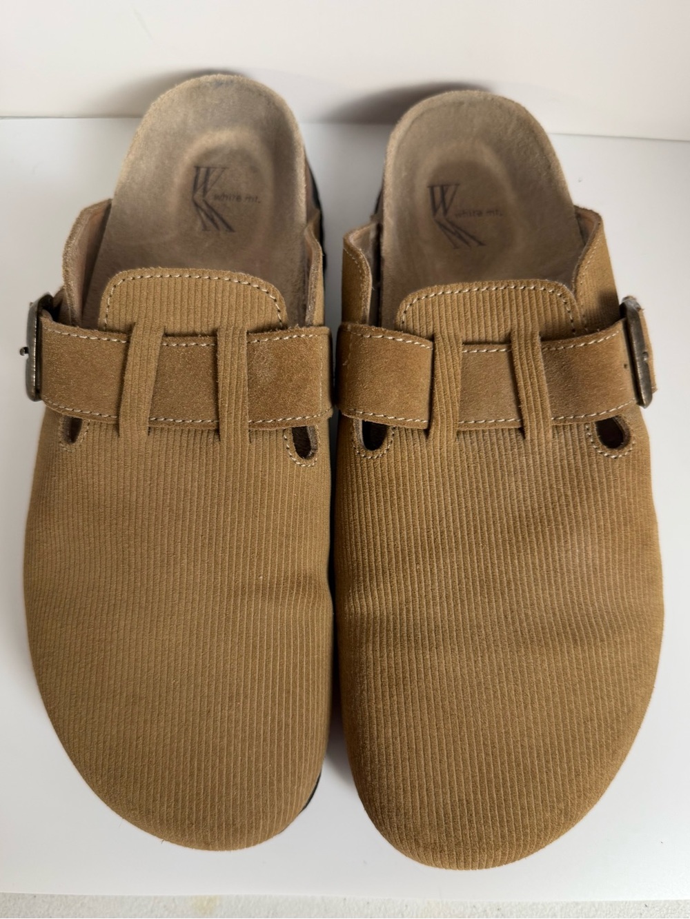 White Mountain Tan Corduroy Buckle Footbed Clogs Mules Size 8-1/2M